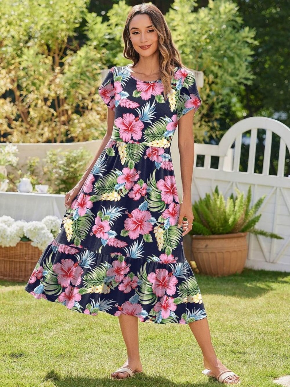 Summer Midi A-Line Dress for Women | Casual Flowy Tiered Sundress with Pockets - Picture 2 of 7